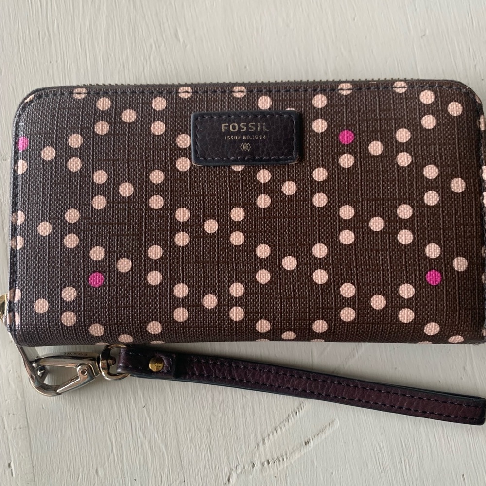 Pink and brown polka dot Fossil wallet